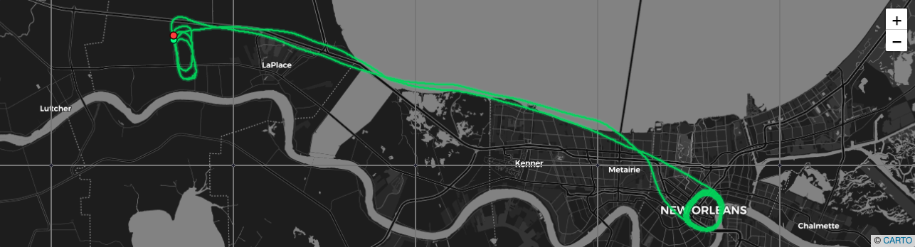 Mapped banner-tow flight path from LaPlace to New Orleans, tracked from ADS-B data